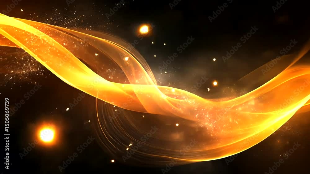 A swirling golden gradient ribbon-like formation with sparkling particles against a dark background, radiating energy and light