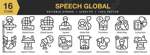 Speech Global icon set. Editable Stroke Icon Collection. Includes global, speech, international, online, communication, people, and More. Outline icons vector collection.