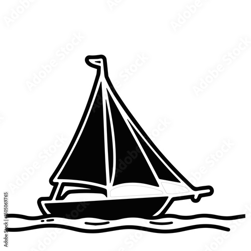 A sailboat illustration in a simple black and white style.