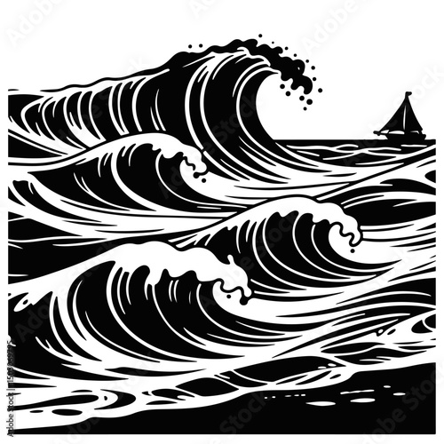 A black and white illustration of powerful ocean waves crashing.