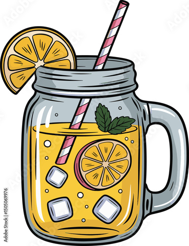 handle glass jar of yellow lemonade with straw ice and mint design stock photos