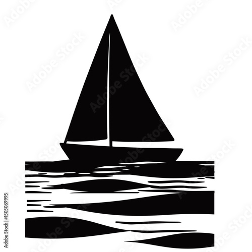 A sailboat sailing on wavy waters, illustrated in a black and white woodcut style.
