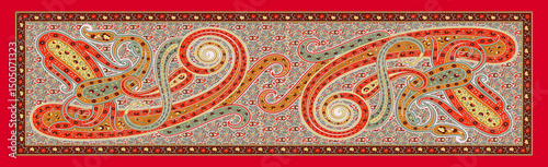 Bold Red Kalamkari Shawl Print – Matching Digital Textile Art with Ornamental Borders
