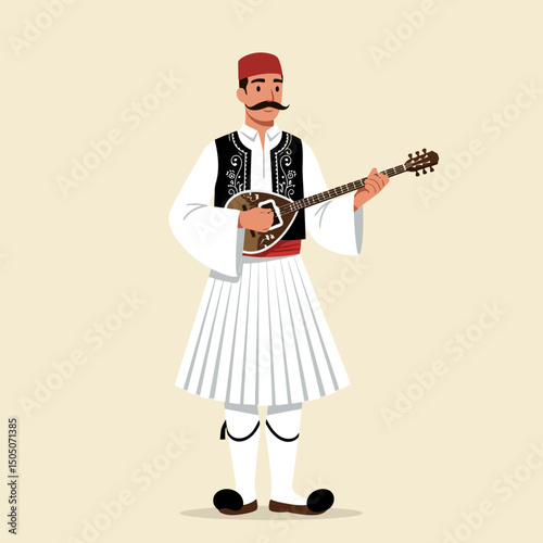 Man Playing Stringed Instrument in Traditional Dress with Mustache Illustration
