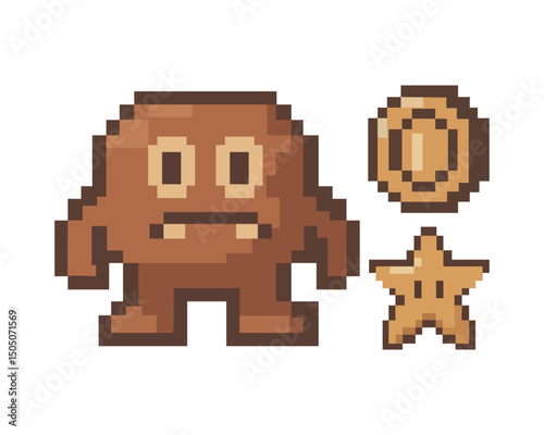 Step into the whimsical world of pixel art where a charming pixelated character, accompanied by a golden coin and star, pops up.