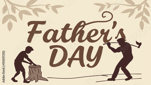 Father's Day Vintage Illustration with Father and Son Wood Chopping Silhouette