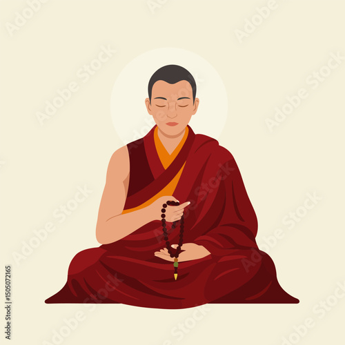 Meditating Monk Holding Prayer Beads in Tranquil Lotus Position