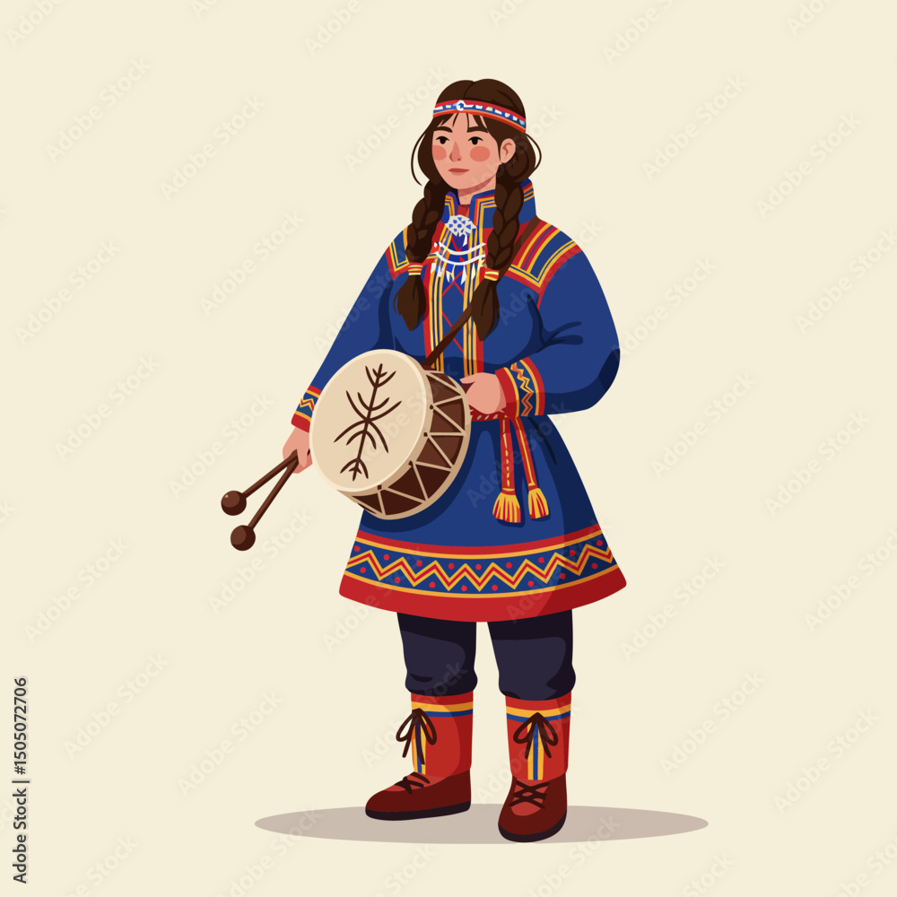 Obraz premium Woman Holding Traditional Drum in Ethnic Clothing Illustration Isolated