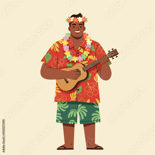 Man Playing Ukulele Wearing Floral Shirt and Lei Illustration