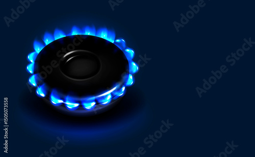 Gas burner with blue flame, glowing fire ring in blue color on the kitchen stove. Copy space. Poster