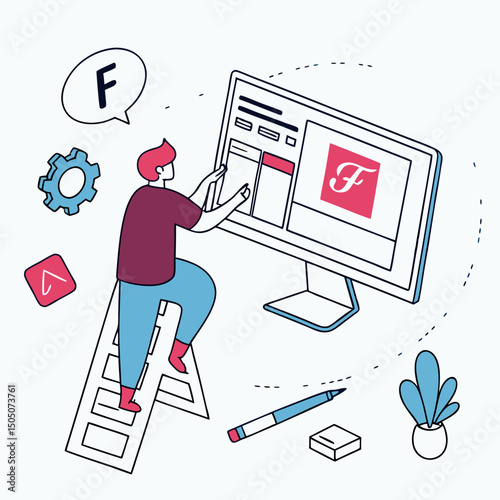 Freelance designer surrounded , creative workspace vector, light blue background
