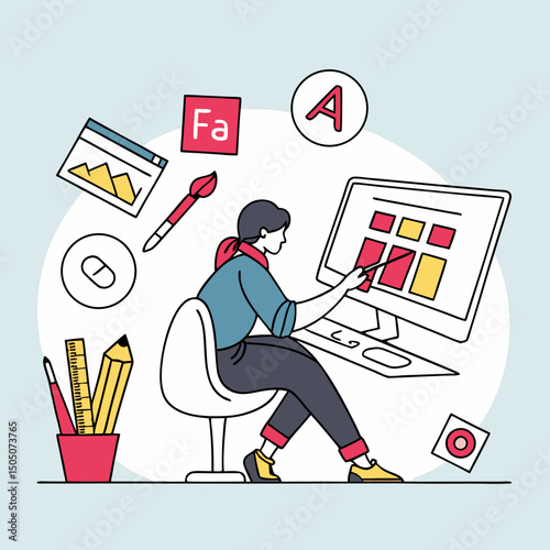 Freelance designer surrounded , creative workspace vector, light blue background
