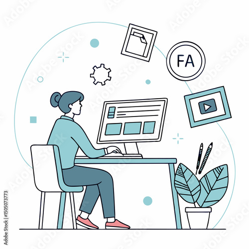 Freelance designer surrounded , creative workspace vector, light blue background
