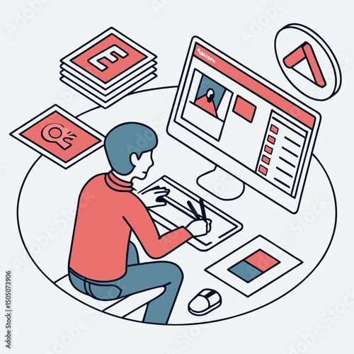 Freelance designer surrounded , creative workspace vector, light blue background
