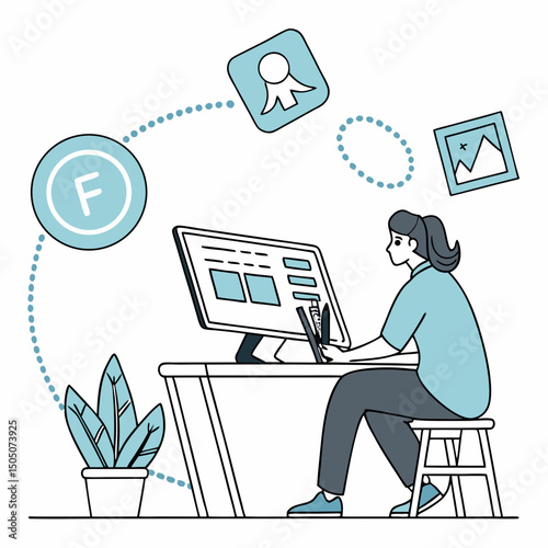 Freelance designer surrounded , creative workspace vector, light blue background

