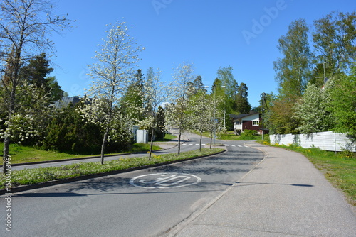 Wallpaper Mural Beautiful landscapes and scenery of streets, highways, roads, routes in Espoo city, Finland. Beautiful private houses with entrances, green grass, bushes, trees with green leaves, slender tall firs. Torontodigital.ca