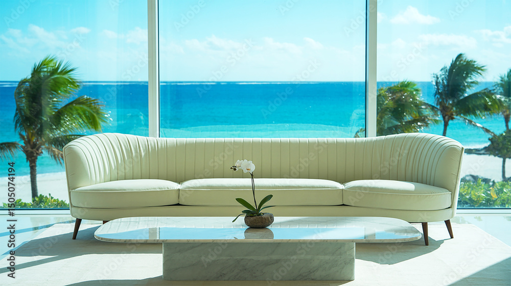 Fototapeta premium Luxurious modern living room interior with ocean view and sophisticated furniture arrangement