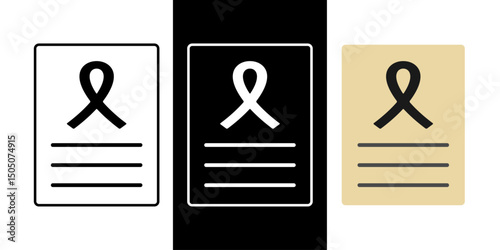 Death certificate icon with black ribbon in outline, dark mode, and color styles, vector illustration of official document for vital records and registration.