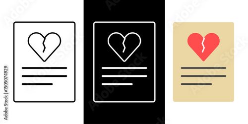 Divorce decree document icon in outline, dark mode, and color styles, vector illustration of official court paper finalizing legal separation between spouses.