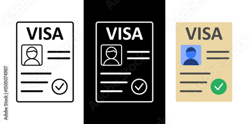 Visa approval form icon in outline, dark mode, and color styles, vector illustration of official immigration document with approved stamp.
