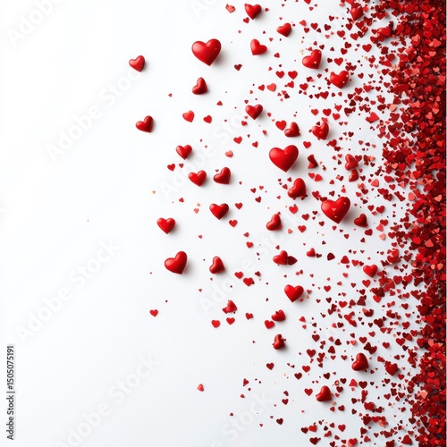 Realistic Image of Red Hearts and Confetti on White Background for Festive Celebrations and Romantic Occasions