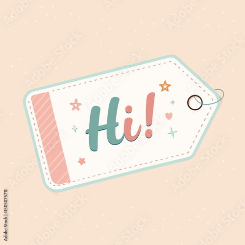 Whimsical tag design saying "Hi!" with playful elements and pastel colors