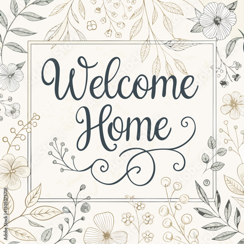 Welcome home decorative sign with floral design and copy space