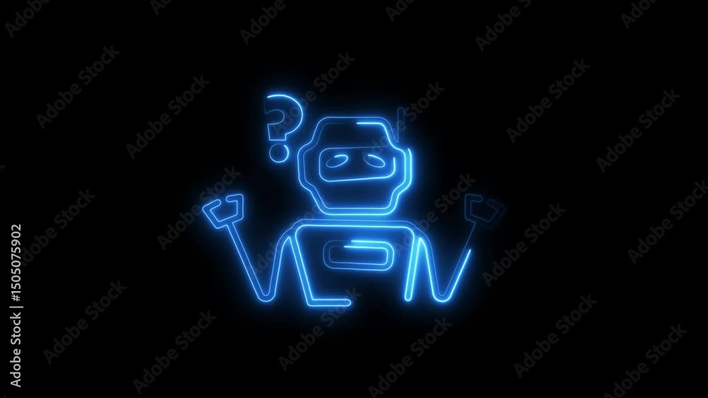 Glowing neon robot figure with question mark symbolizes ai and technological uncertainty on a dark background Glowing neon robot figure with question mark symbolizes ai and technological uncertainty on a dark background