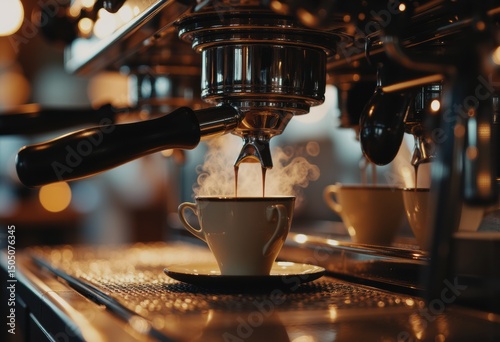 Barista's espresso machine mid-pull with portafilter on tamp mat