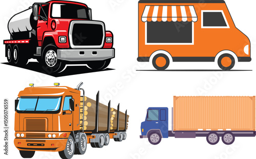 A set of transport vector Set of industrial trucks and vehicles, white delivery truck, container truck on white background.