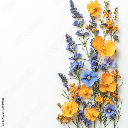 Vibrant Bouquet of Yellow and Blue Flowers on White Background, Perfect for Floral Photography and Design Projects