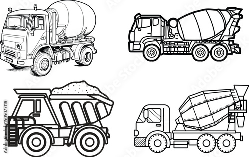 A set of trucks vector illustration. Set of industrial trucks and vehicles, white delivery truck, container truck on white background.