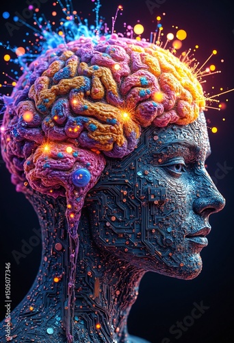 Colorful brain made of computer parts and exploding