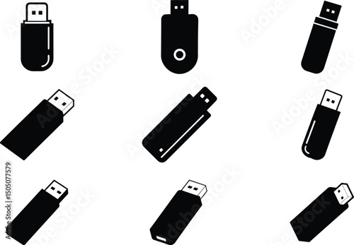 Modern USB Flash Drive Icon Set, Pen Drive Symbol, Vector Silhouette Illustrations, 