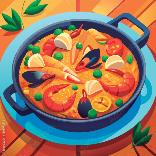 Delicious paella in a pan.