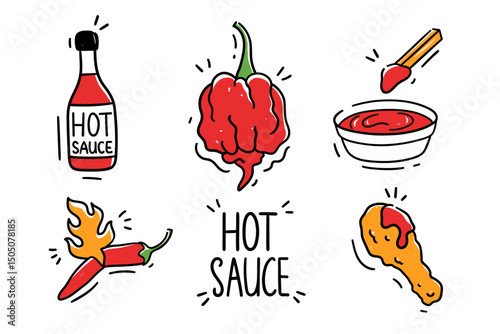 Hot sauce hand drawn style doodle vector illustration set