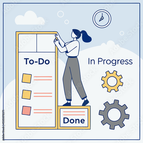 Digital kanban board management vector, soft blue background
