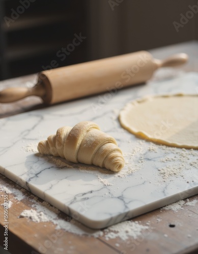 Pastry chef's marble slab with flour, rolling pin, and croissant dough photo