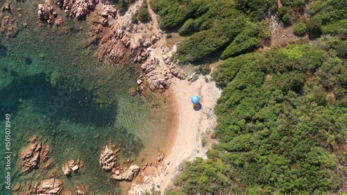 A secret Sardinian beach with golden sand, rugged cliffs, and calm, transparent waters, perfect for an untouched summer paradise.