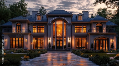 A luxurious suburban villa with a soft neutral color palette, large panoramic windows, an elegant stone pathway leading to the entrance, warm golden sunset reflections, ultra-realistic, high-resolutio