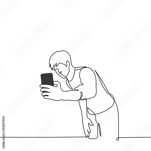 man leaning over holding phone taking selfie with something in the background - one line art vector. concept of selfie with object or landscape