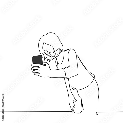 woman leaning over holding phone and taking selfie with something in background - one line art vector. concept of selfie with object or landscape