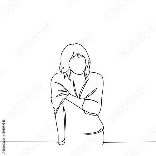 woman in sweater standing and scratching her shoulder - one line art vector. concept after vaccination, scabies, bite effects, anxiety