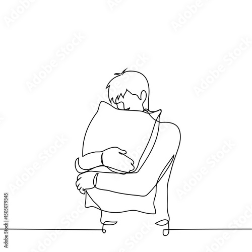 man standing hugging and holding pillow - one line art vector. concept sleep problems, insomnia, lack of sleep, insomnia