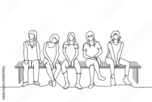 group of women sitting on a bench in a row, group portrait without a face - one line art vector. concept female audience, female team, new generation of women