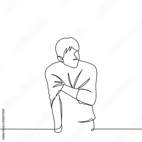 man in sweater standing and scratching his shoulder - one line art vector. concept after vaccination, scabies, bite effects, anxiety