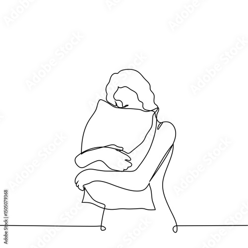 woman standing hugging and holding pillow - one line art vector. concept sleep problems, insomnia, lack of sleep, insomnia
