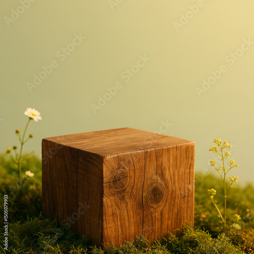 Wooden Podium with Vine Plants Background. Generative AI.