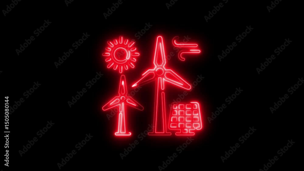 Glowing red neon icons illustrating renewable energy sources and sustainable power production for environmental protection