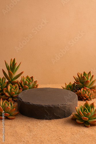 Stone Podium Display with Succulents on Sand. Generative AI.